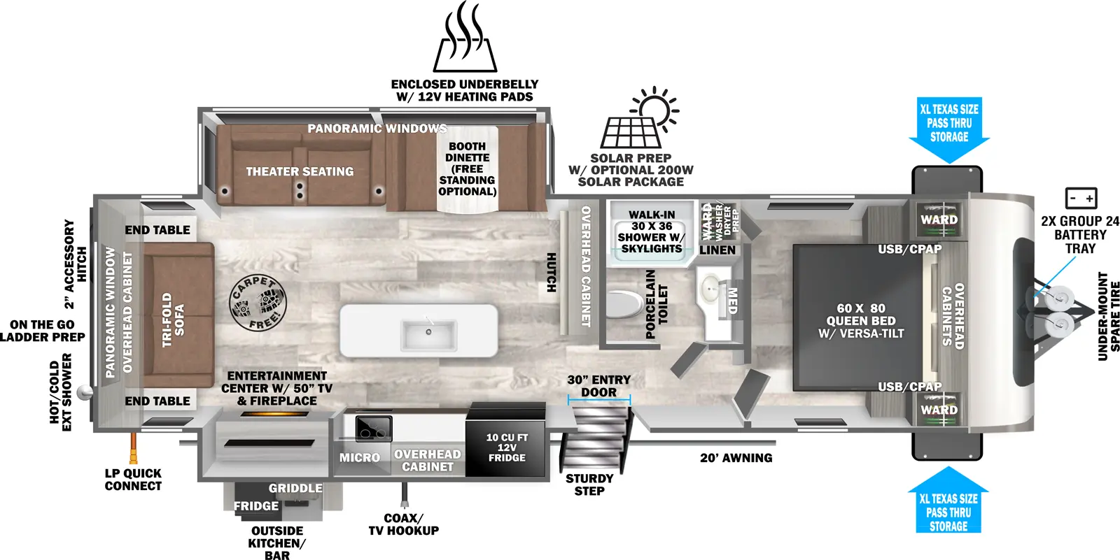 The Hemisphere Travel Trailers 273RL has one entry and two slide outs. Exterior features include: fiberglass exterior, 20' awning and outside kitchen. Interiors features include: kitchen island, free-standing dinette option, front bedroom and rear living.